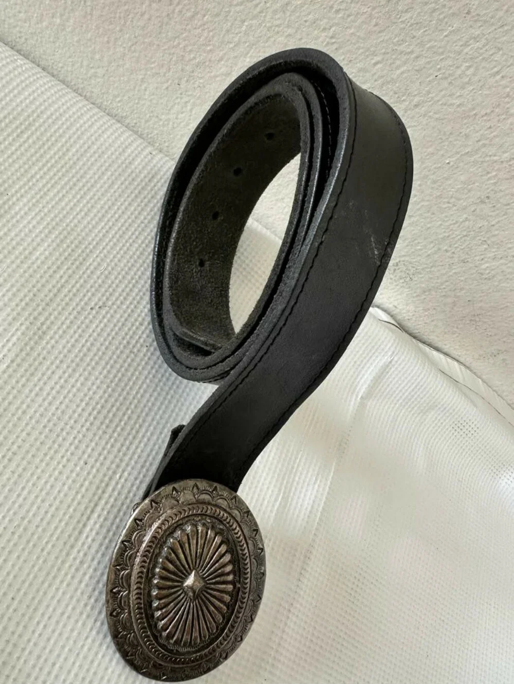Vintage Western Black Leather Belt with Engraved Silver Concho Buckle